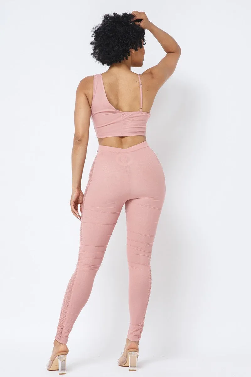 Ruched Crop Top & See Through Side of Leggings Pants Set