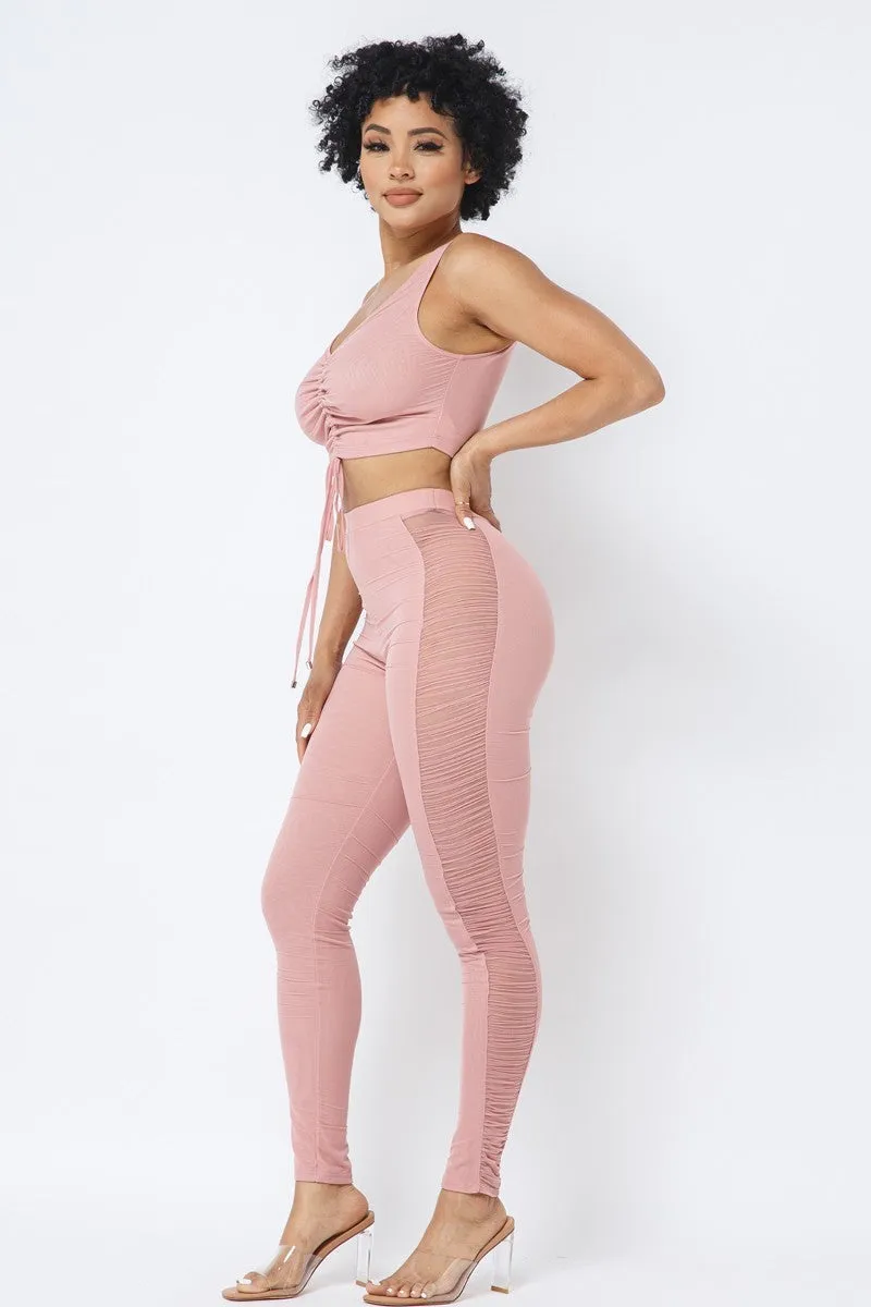 Ruched Crop Top & See Through Side of Leggings Pants Set