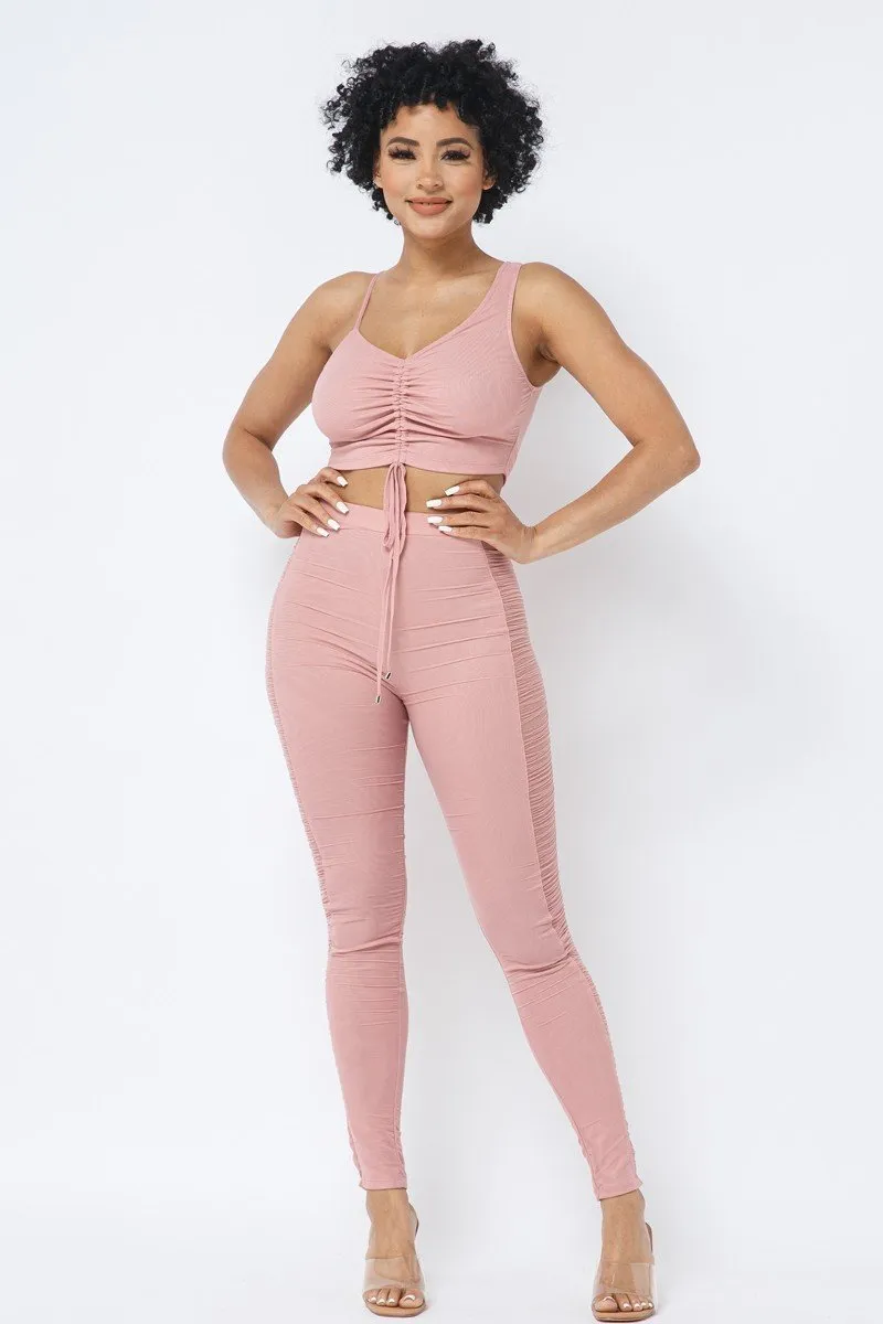 Ruched Crop Top & See Through Side of Leggings Pants Set
