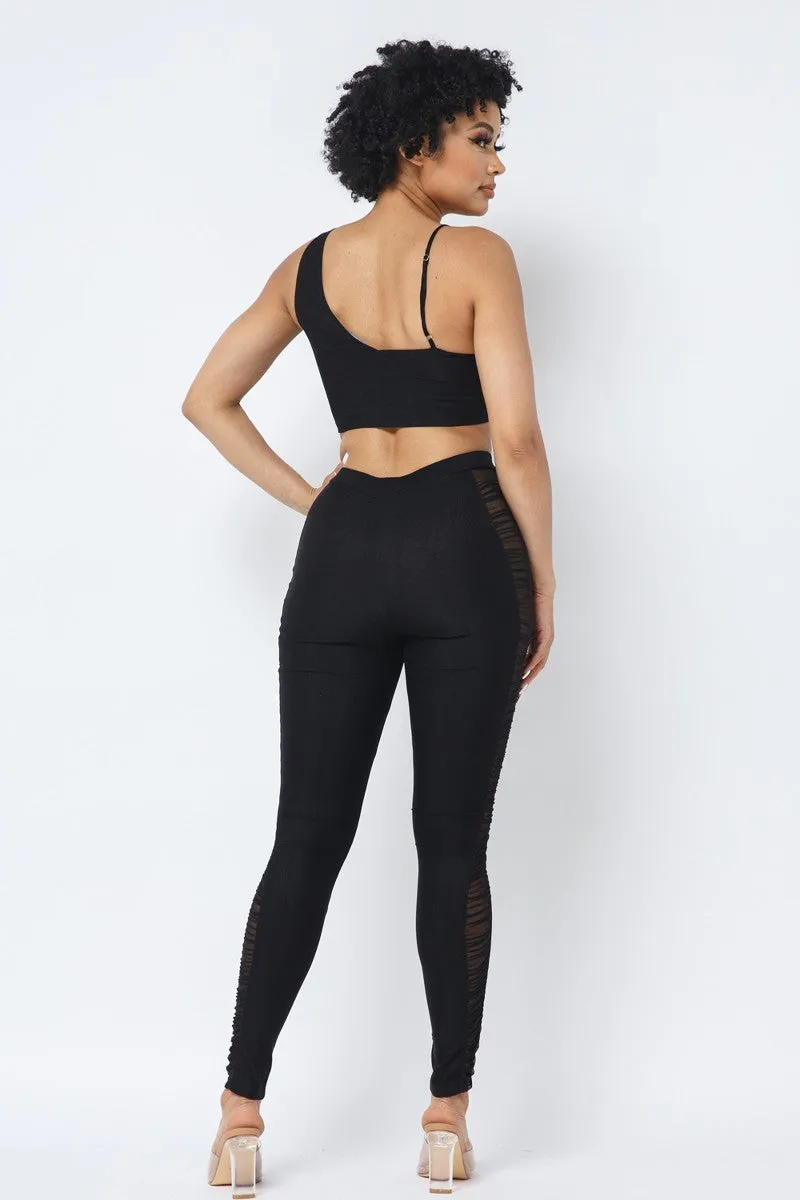 Ruched Crop Top & See Through Side of Leggings Pants Set