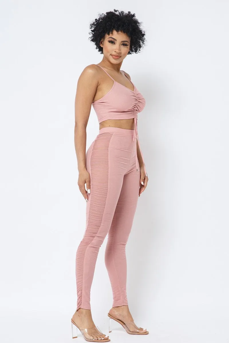 Ruched Crop Top & See Through Side of Leggings Pants Set