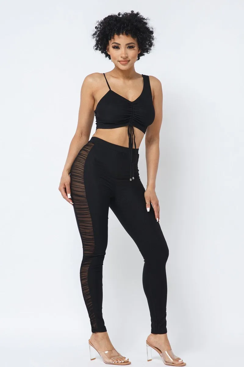 Ruched Crop Top & See Through Side of Leggings Pants Set
