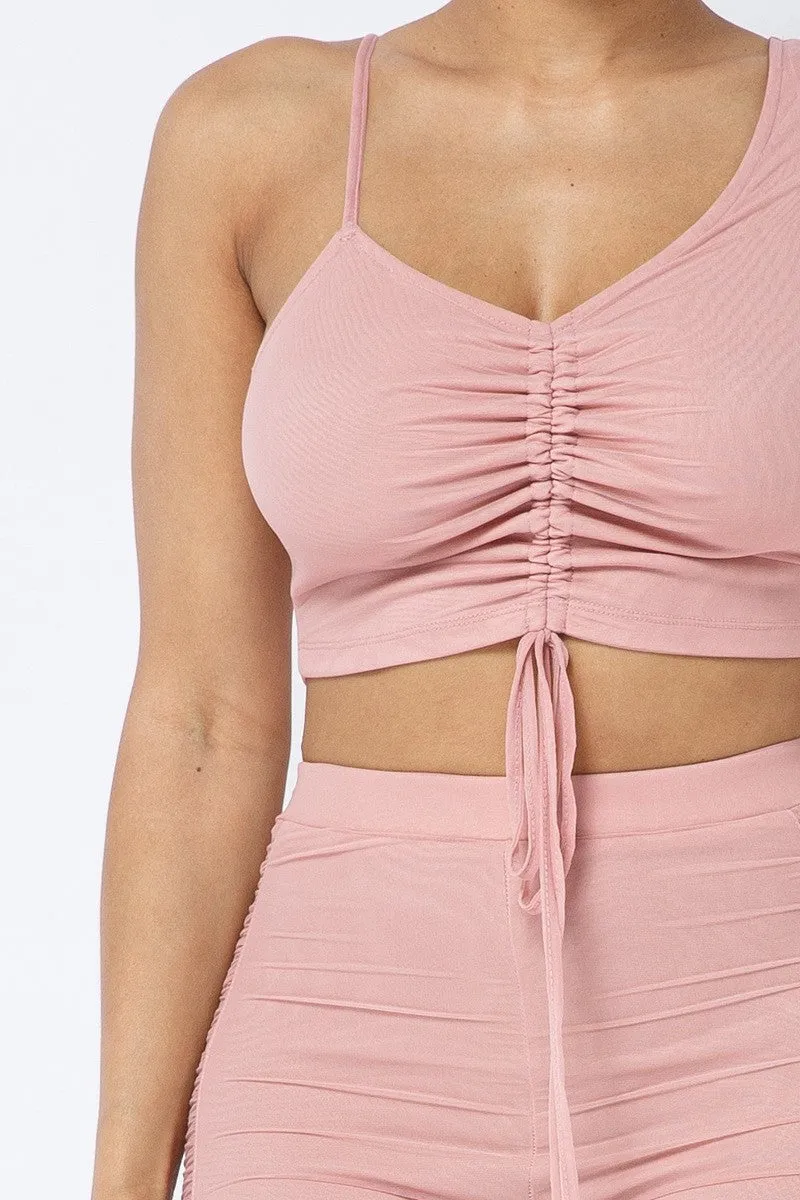 Ruched Crop Top & See Through Side of Leggings Pants Set