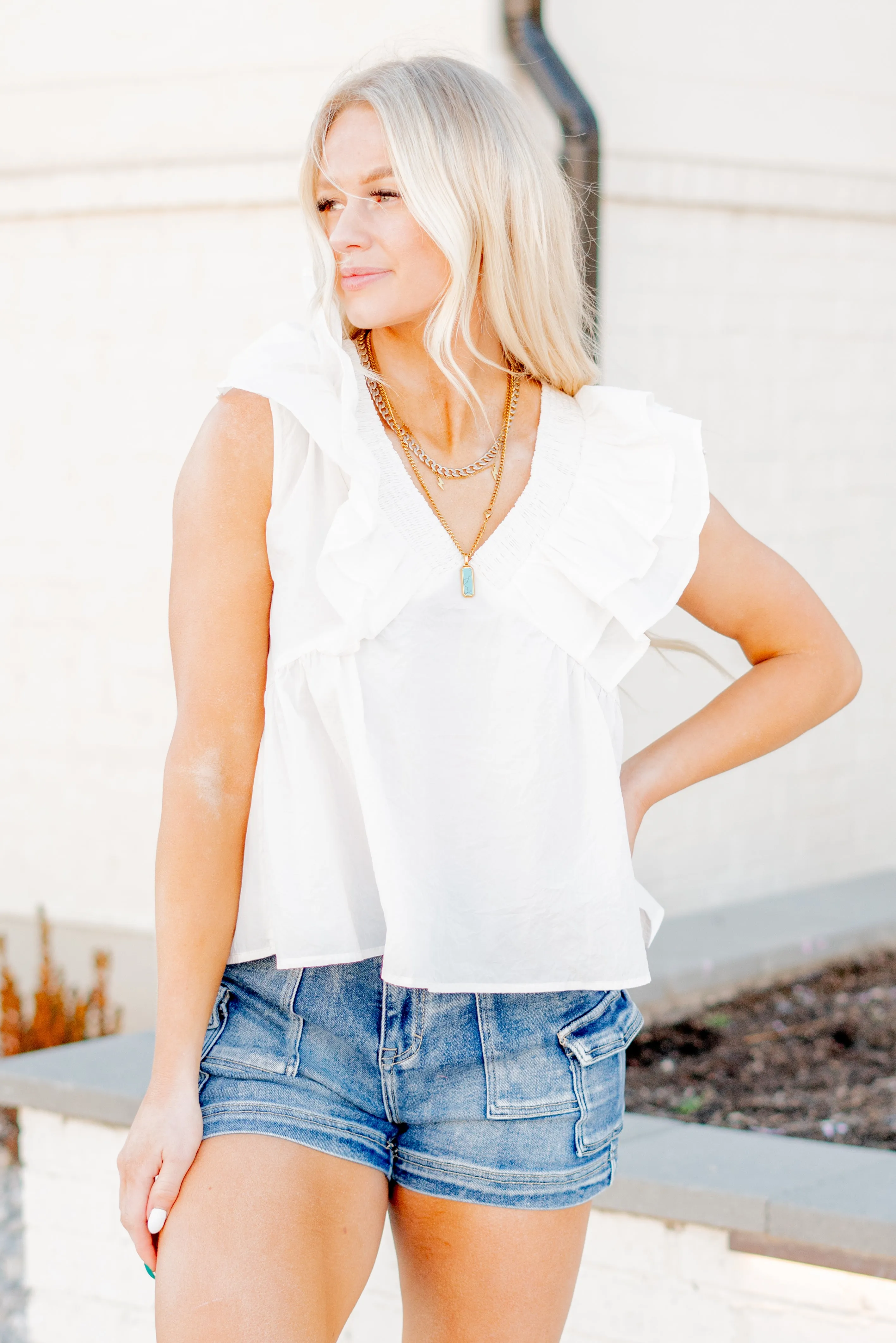 Ruffle Sleeve V Neck Baby Doll Top