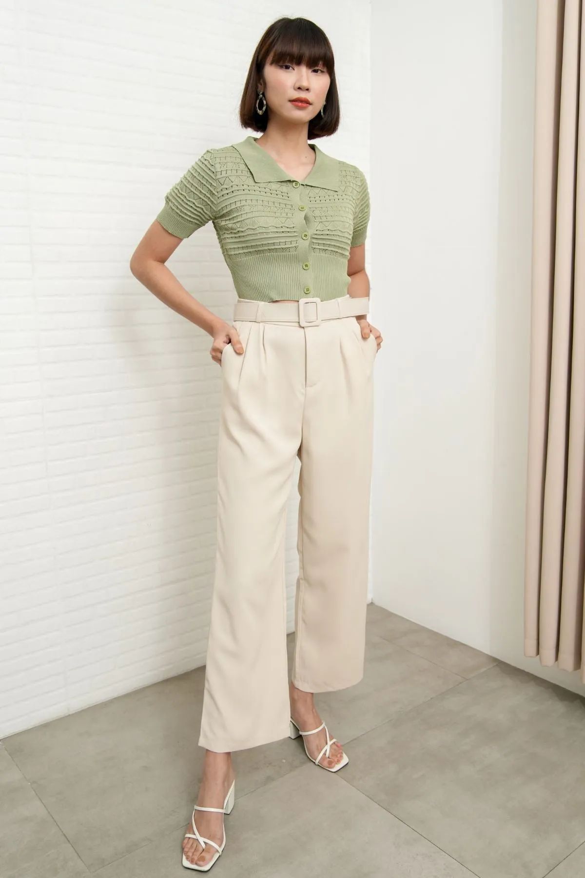 SASKIA Belted High-Waist Tailored Trousers (Bone White)