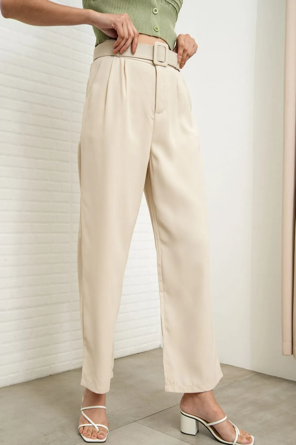 SASKIA Belted High-Waist Tailored Trousers (Bone White)