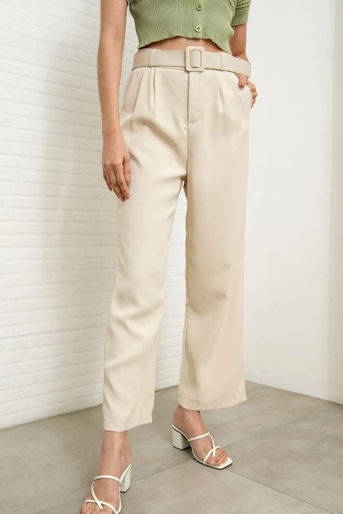 SASKIA Belted High-Waist Tailored Trousers (Bone White)