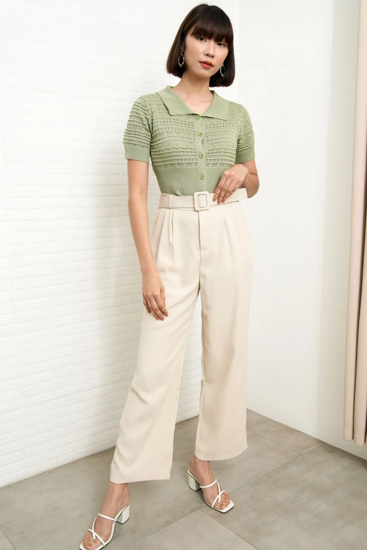 SASKIA Belted High-Waist Tailored Trousers (Bone White)