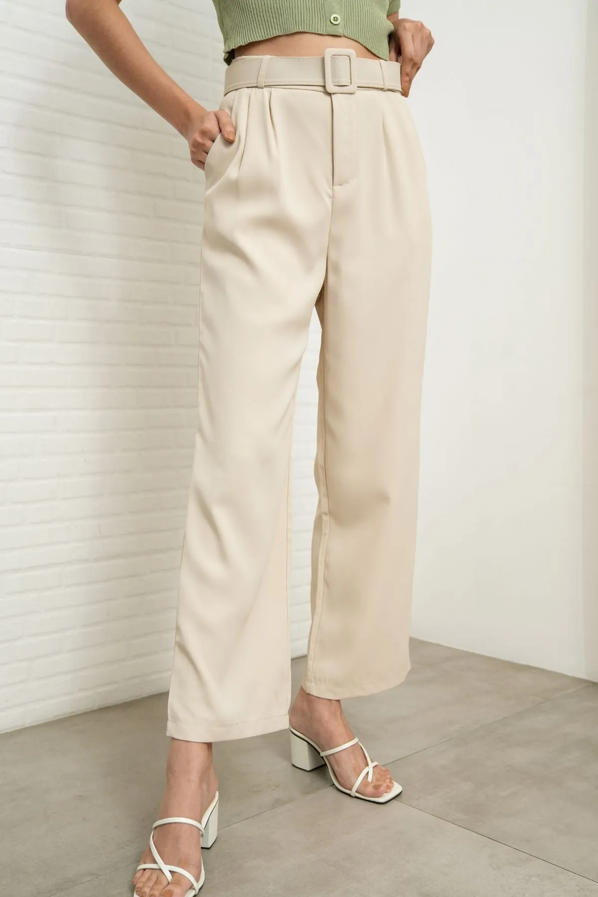SASKIA Belted High-Waist Tailored Trousers (Bone White)