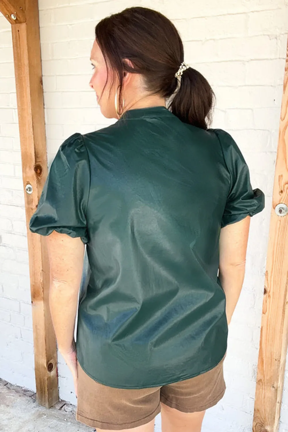 Sea Green  Notched V Neck Short Puff Sleeve PU Leather Blouse