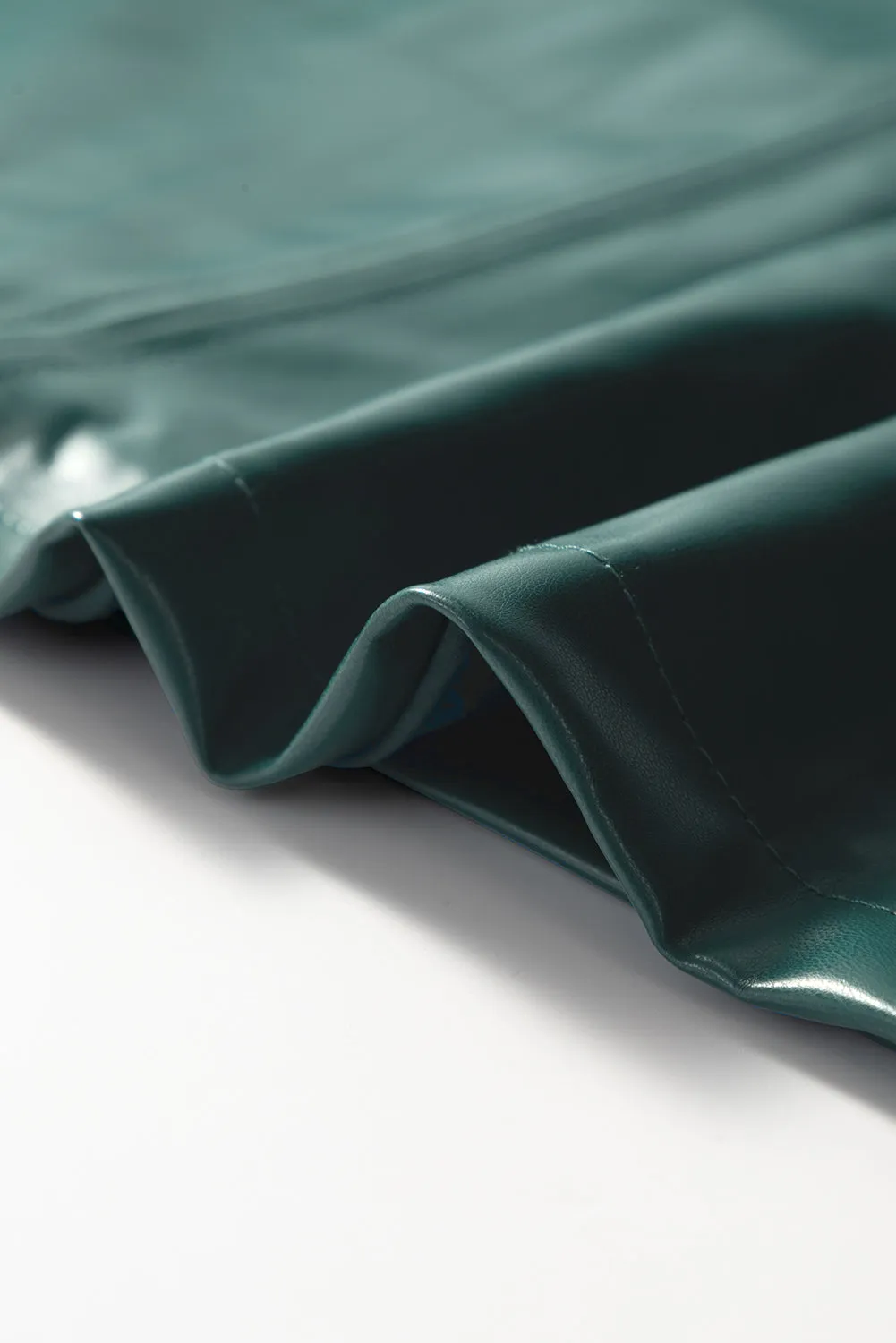 Sea Green  Notched V Neck Short Puff Sleeve PU Leather Blouse