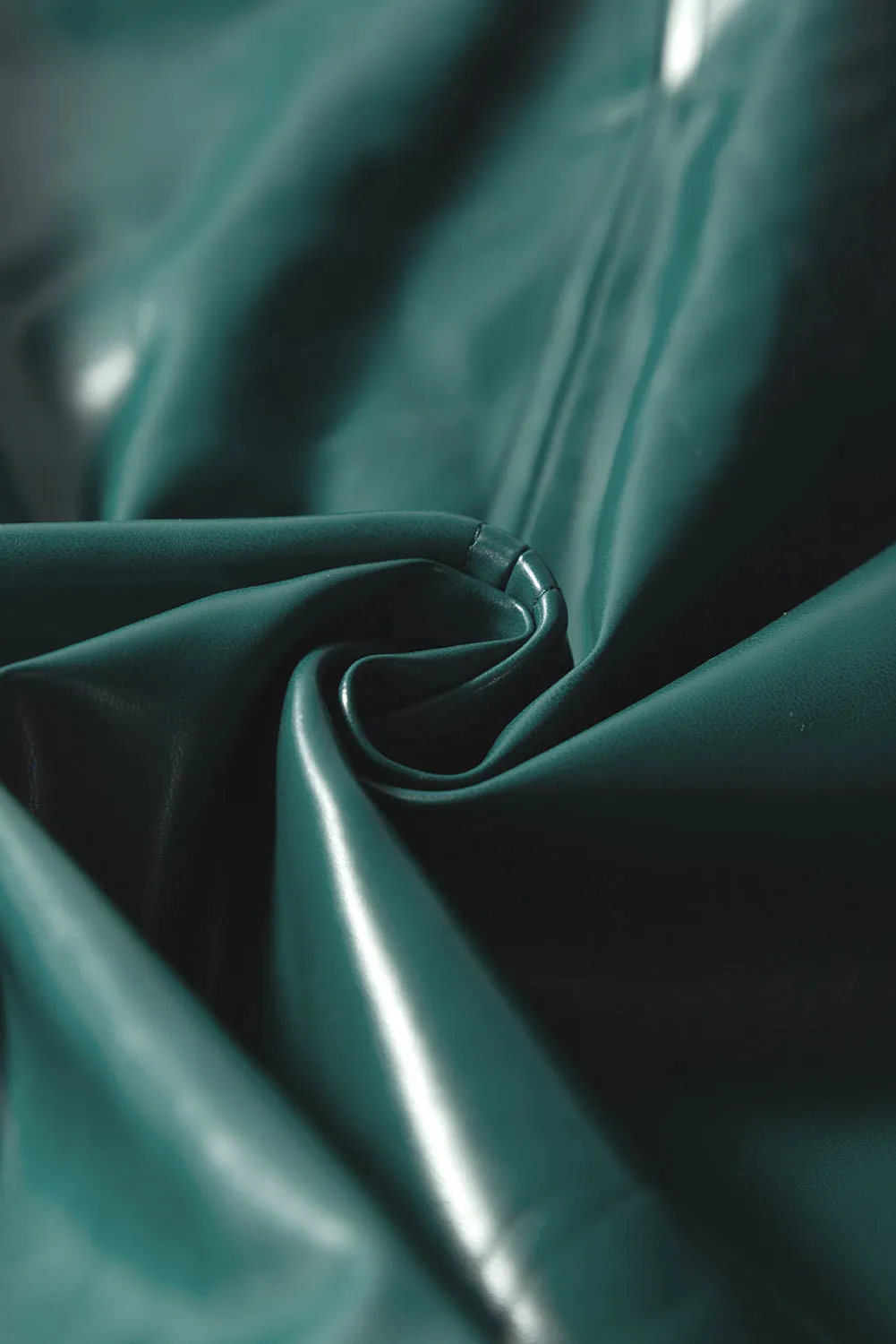 Sea Green  Notched V Neck Short Puff Sleeve PU Leather Blouse