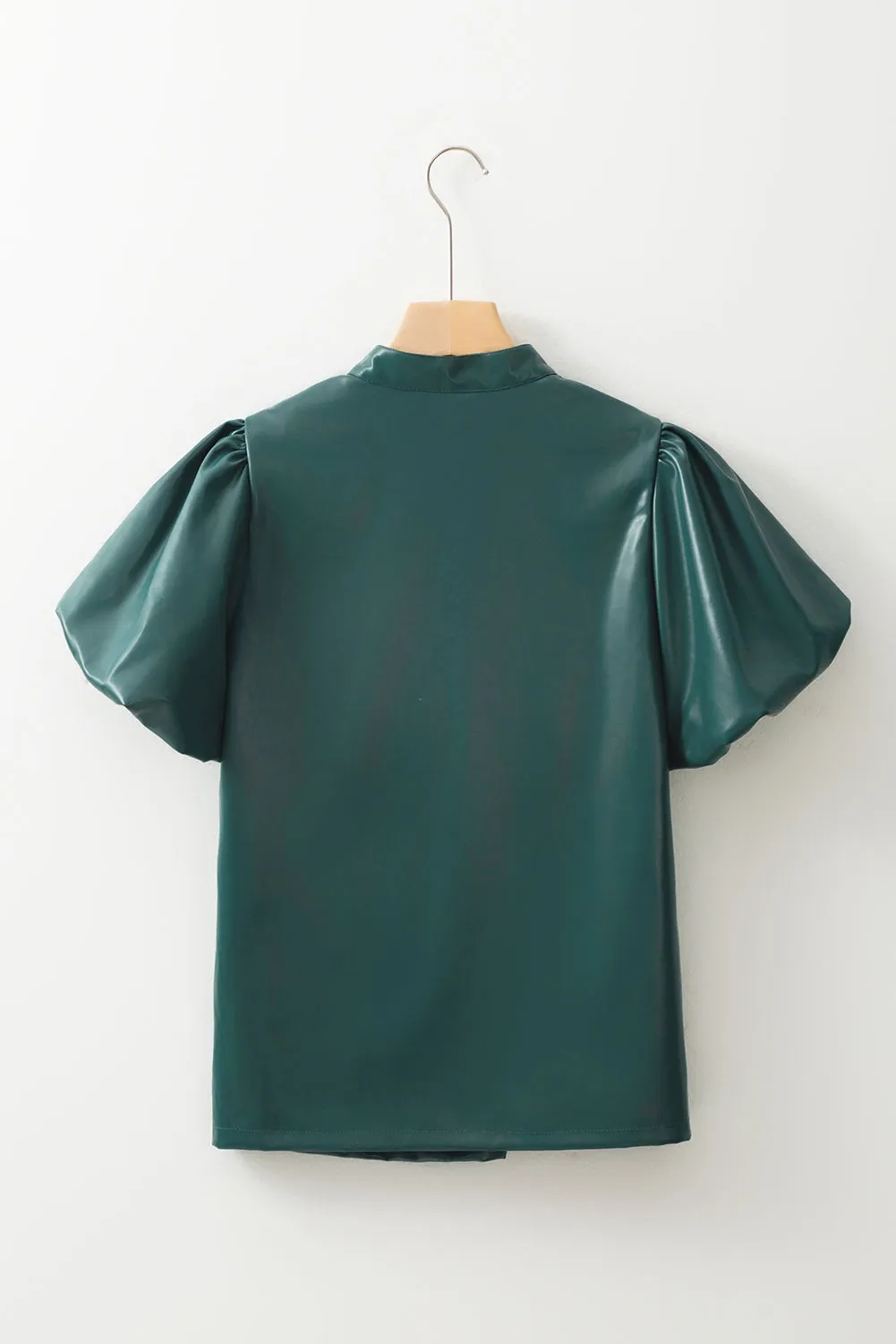 Sea Green  Notched V Neck Short Puff Sleeve PU Leather Blouse
