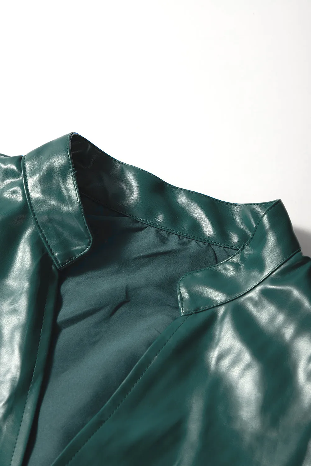 Sea Green  Notched V Neck Short Puff Sleeve PU Leather Blouse