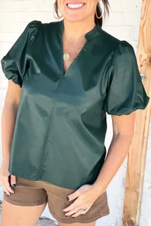 Sea Green  Notched V Neck Short Puff Sleeve PU Leather Blouse