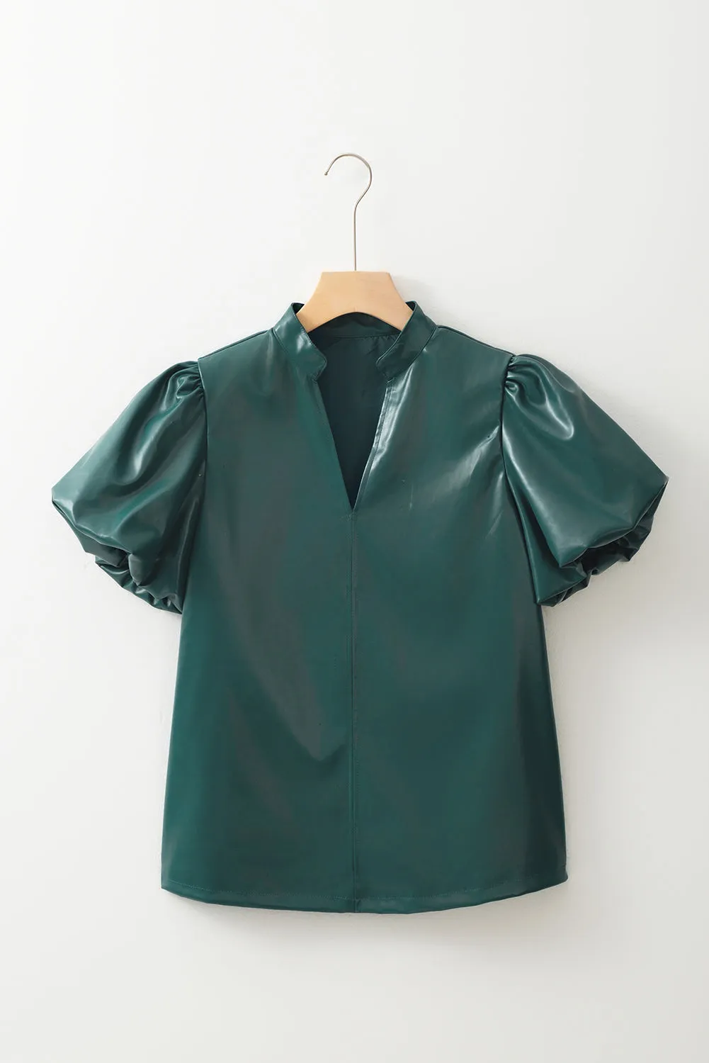 Sea Green  Notched V Neck Short Puff Sleeve PU Leather Blouse