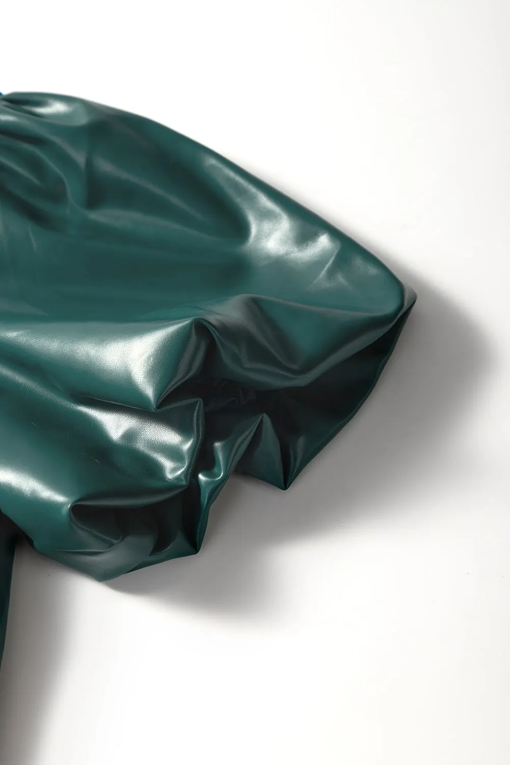 Sea Green  Notched V Neck Short Puff Sleeve PU Leather Blouse