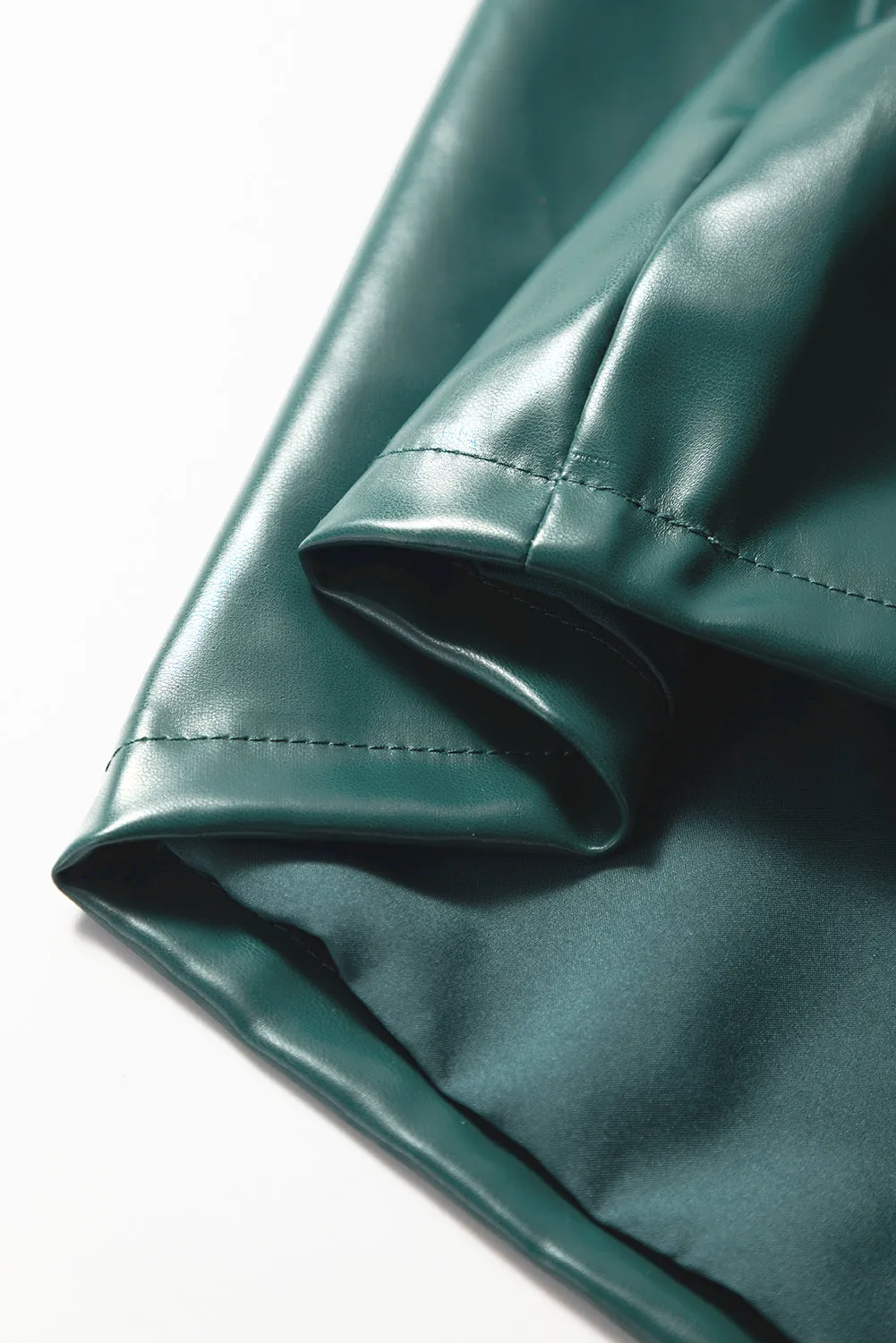 Sea Green  Notched V Neck Short Puff Sleeve PU Leather Blouse