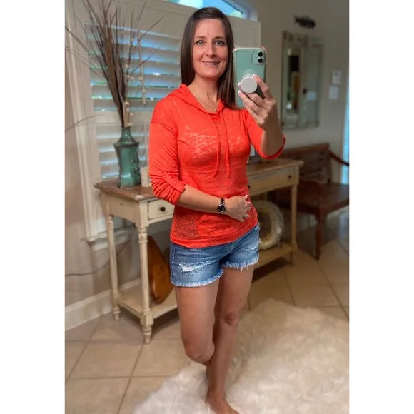 Sexy Sheer Burnout Drawstring Hoodie Tissue High Neck Long Sleeve Top Orange