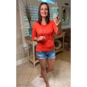 Sexy Sheer Burnout Drawstring Hoodie Tissue High Neck Long Sleeve Top Orange