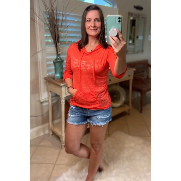 Sexy Sheer Burnout Drawstring Hoodie Tissue High Neck Long Sleeve Top Orange