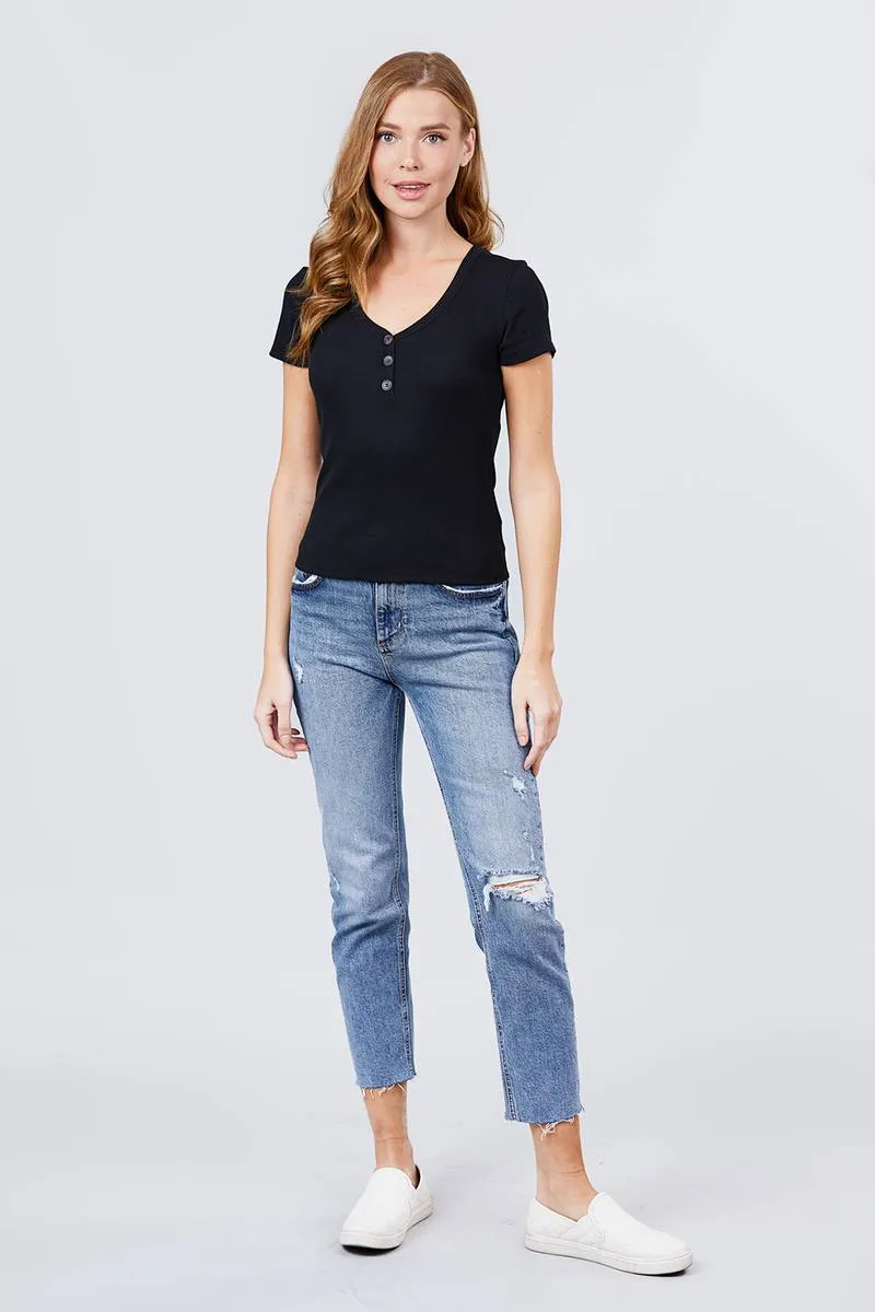 Short Sleeve V-neck W/button Detail Rib Knit Top