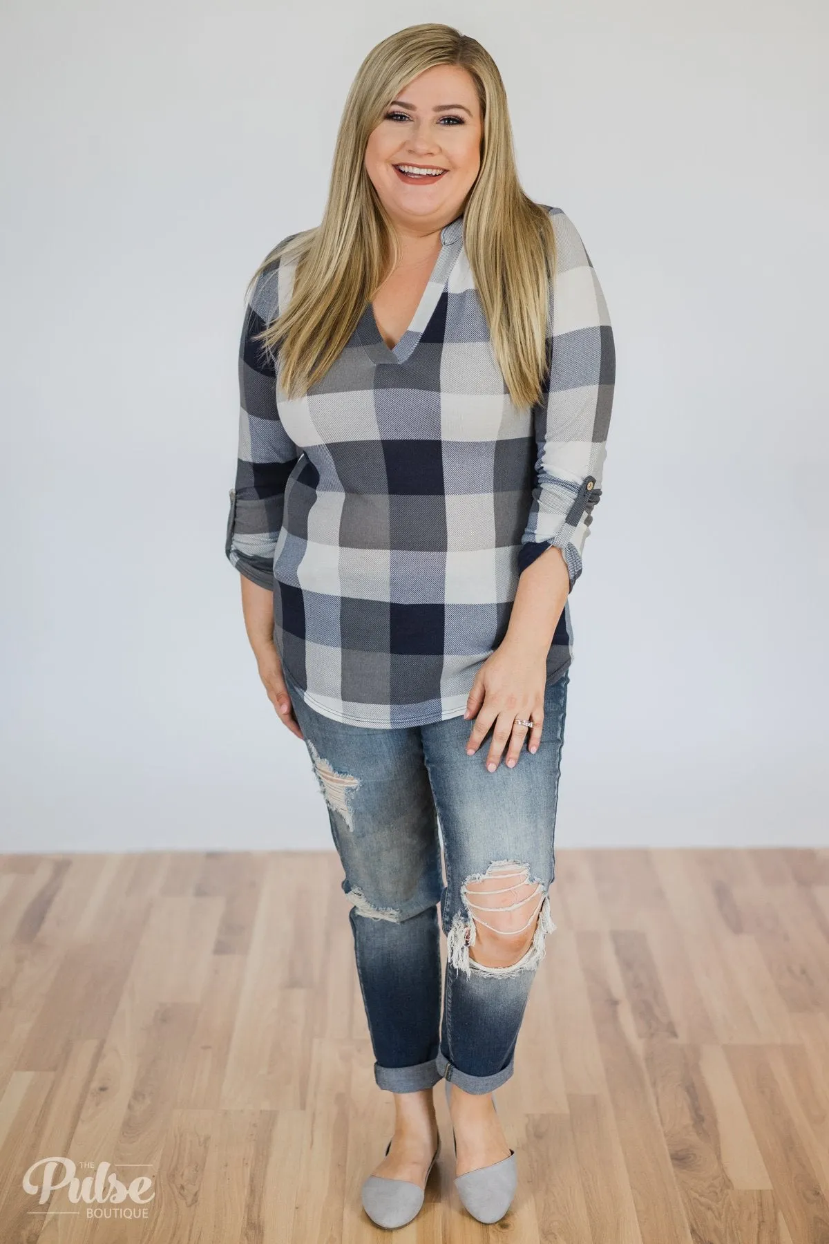 Sincerely Me Plaid V-Neck Top- Blue