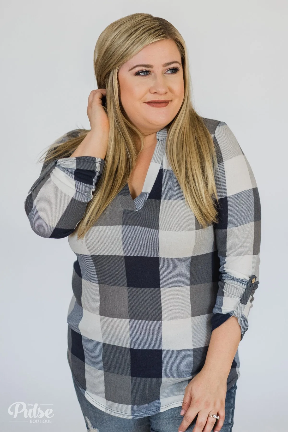 Sincerely Me Plaid V-Neck Top- Blue