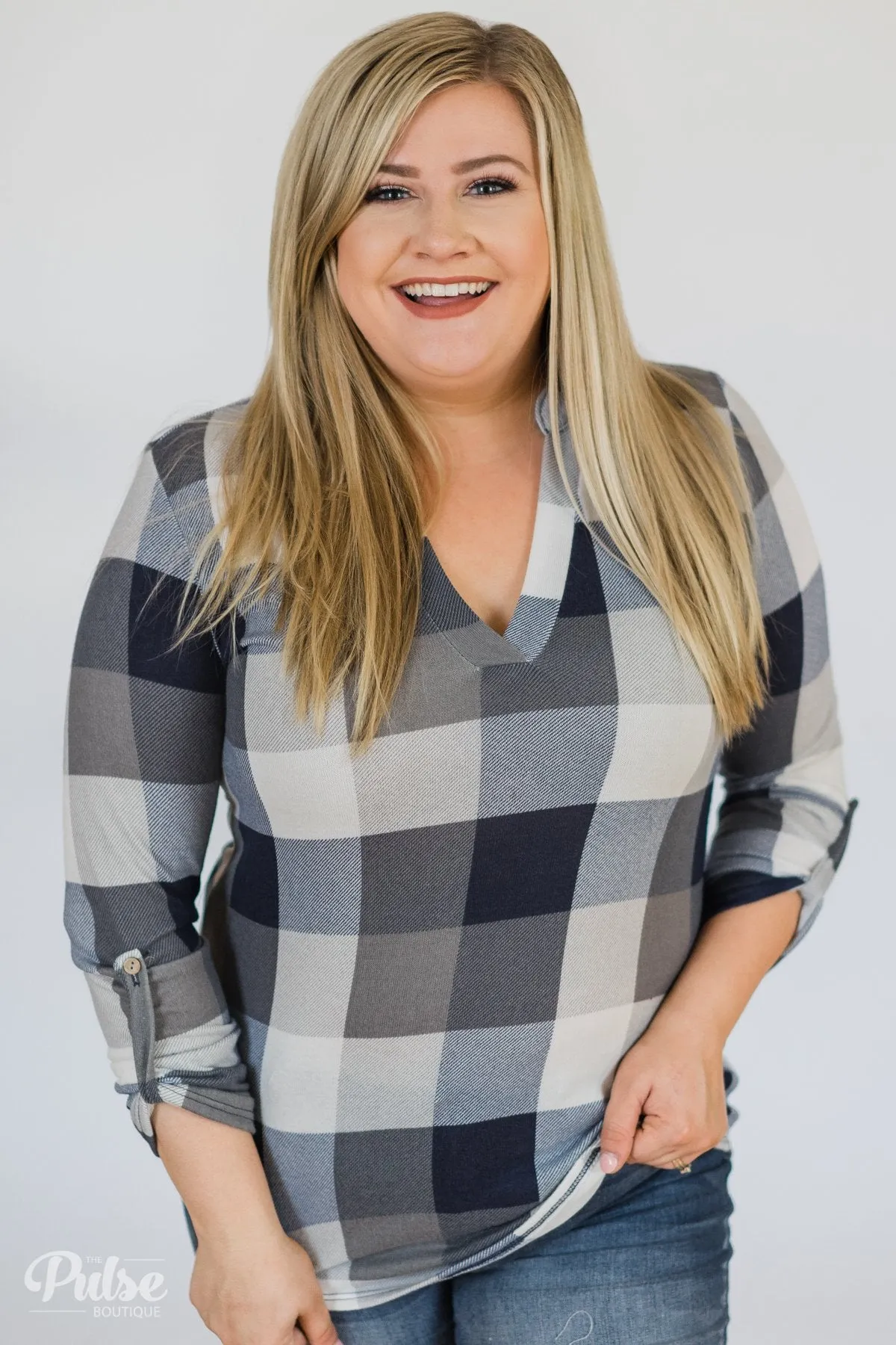 Sincerely Me Plaid V-Neck Top- Blue