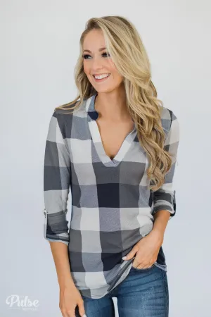 Sincerely Me Plaid V-Neck Top- Blue