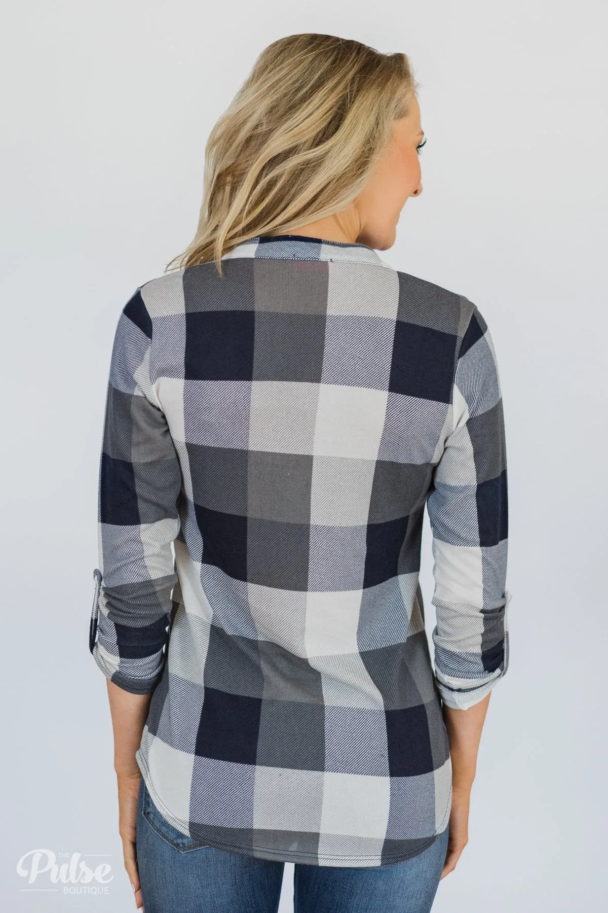 Sincerely Me Plaid V-Neck Top- Blue