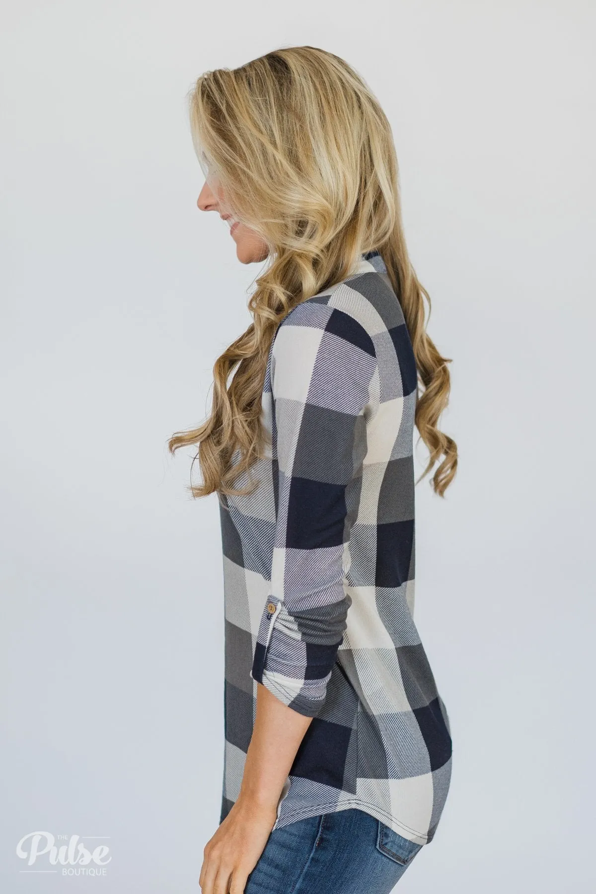 Sincerely Me Plaid V-Neck Top- Blue