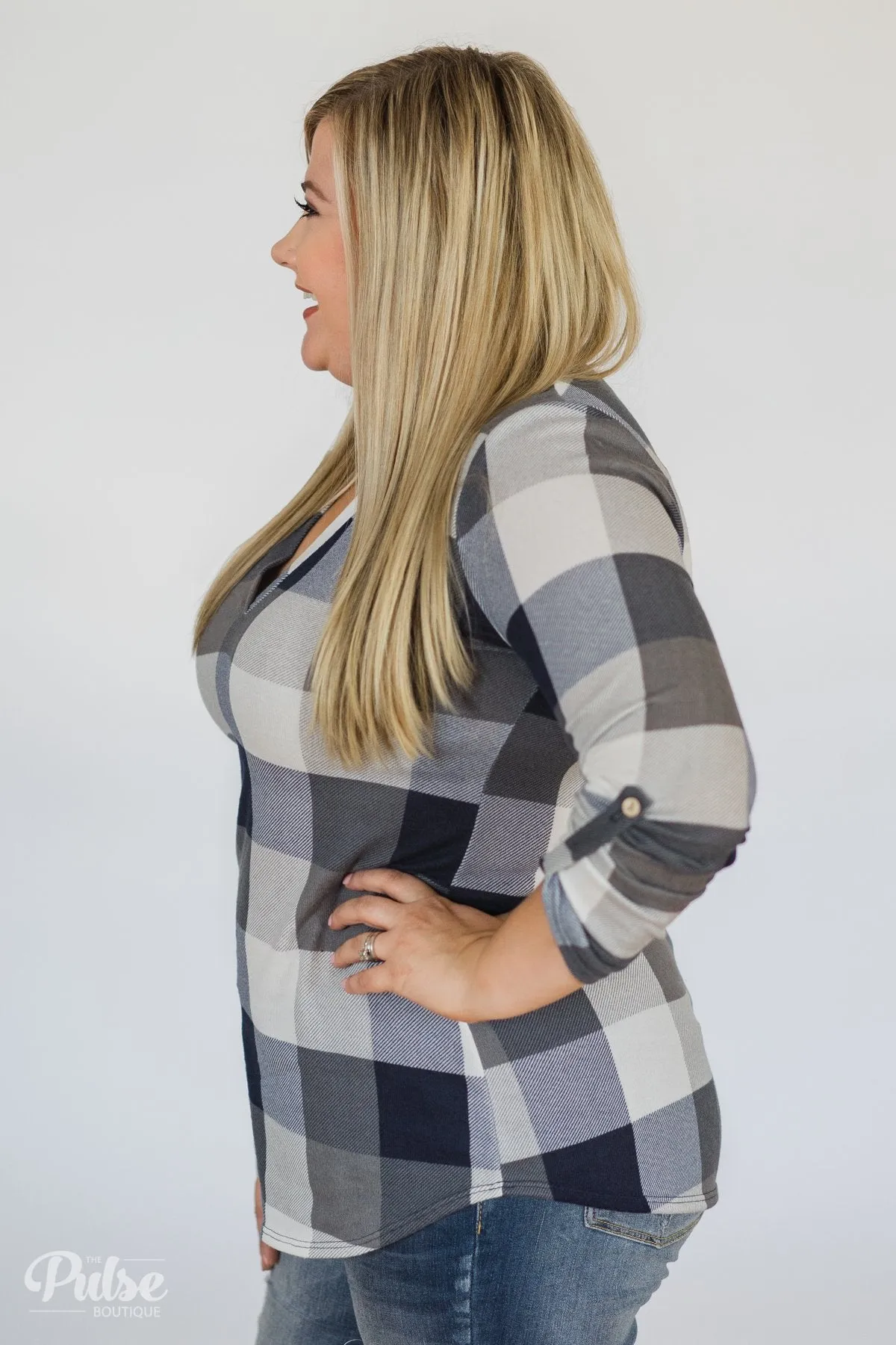 Sincerely Me Plaid V-Neck Top- Blue