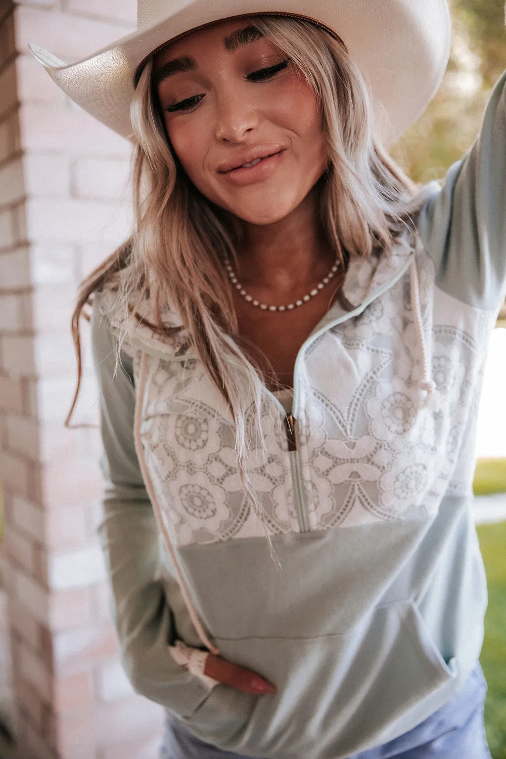 Sky Blue Lace Patch Thumbhole Sleeve Zipped Kangaroo Pocket Hoodie