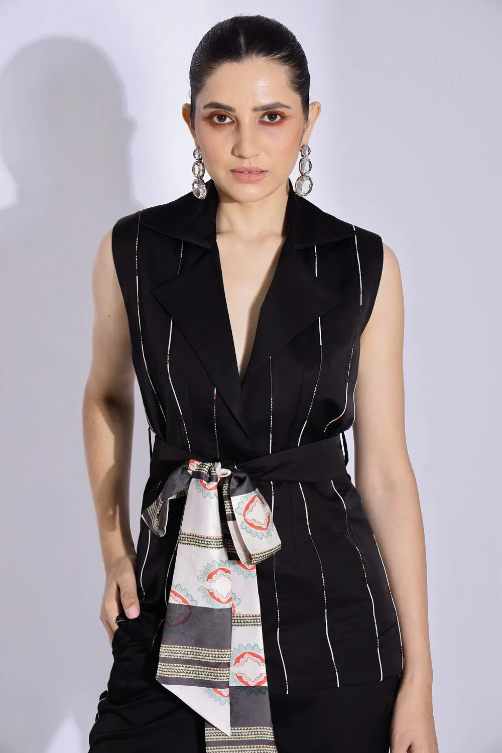 Sleeveless Belted Jacket And Tapered Pants