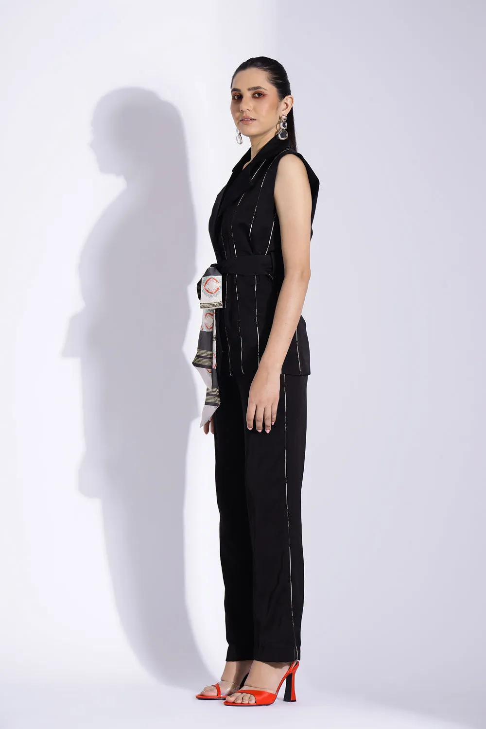 Sleeveless Belted Jacket And Tapered Pants