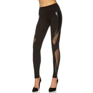Slimming Elastic Waist Mesh Panel Skinny Women's Black Leggings - Black L