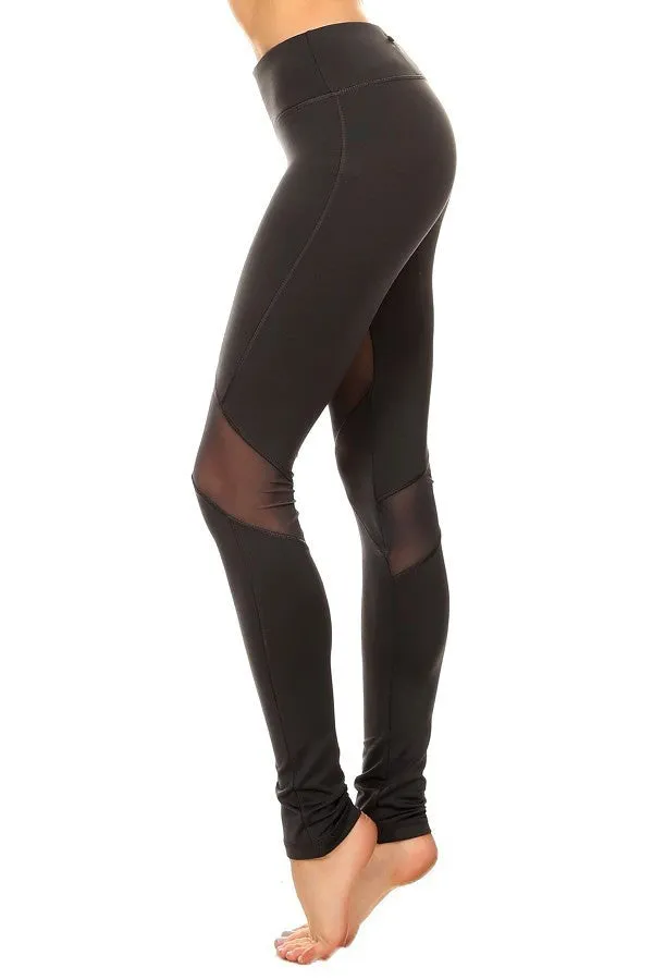 Solid Knit Back Cutouts Mesh Panel Leggings