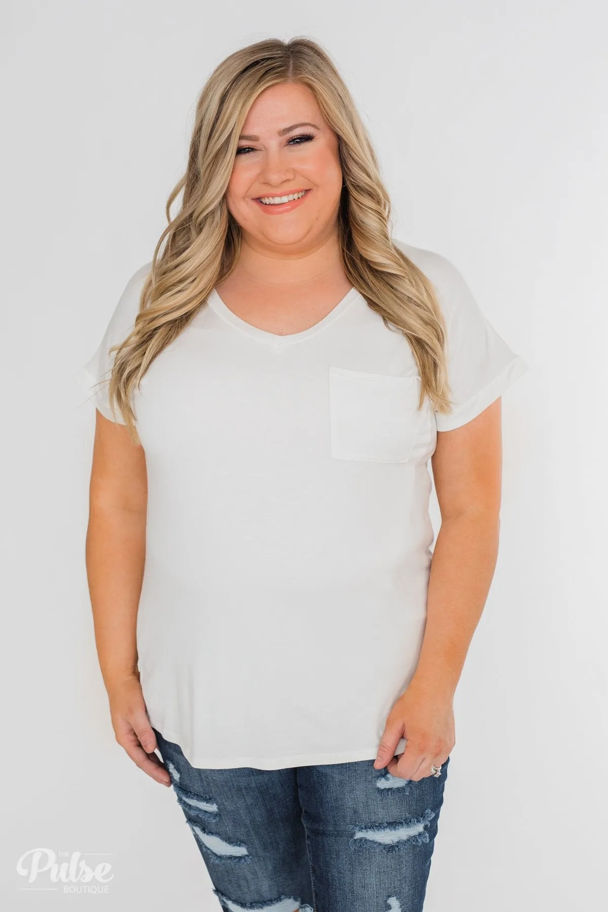 Solid V-Neck Pocket Top- Ivory