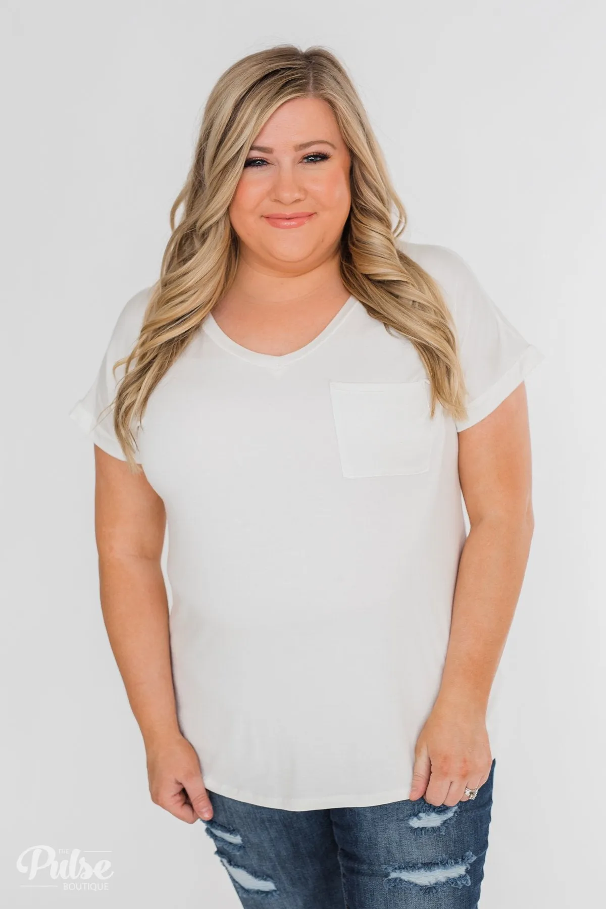 Solid V-Neck Pocket Top- Ivory