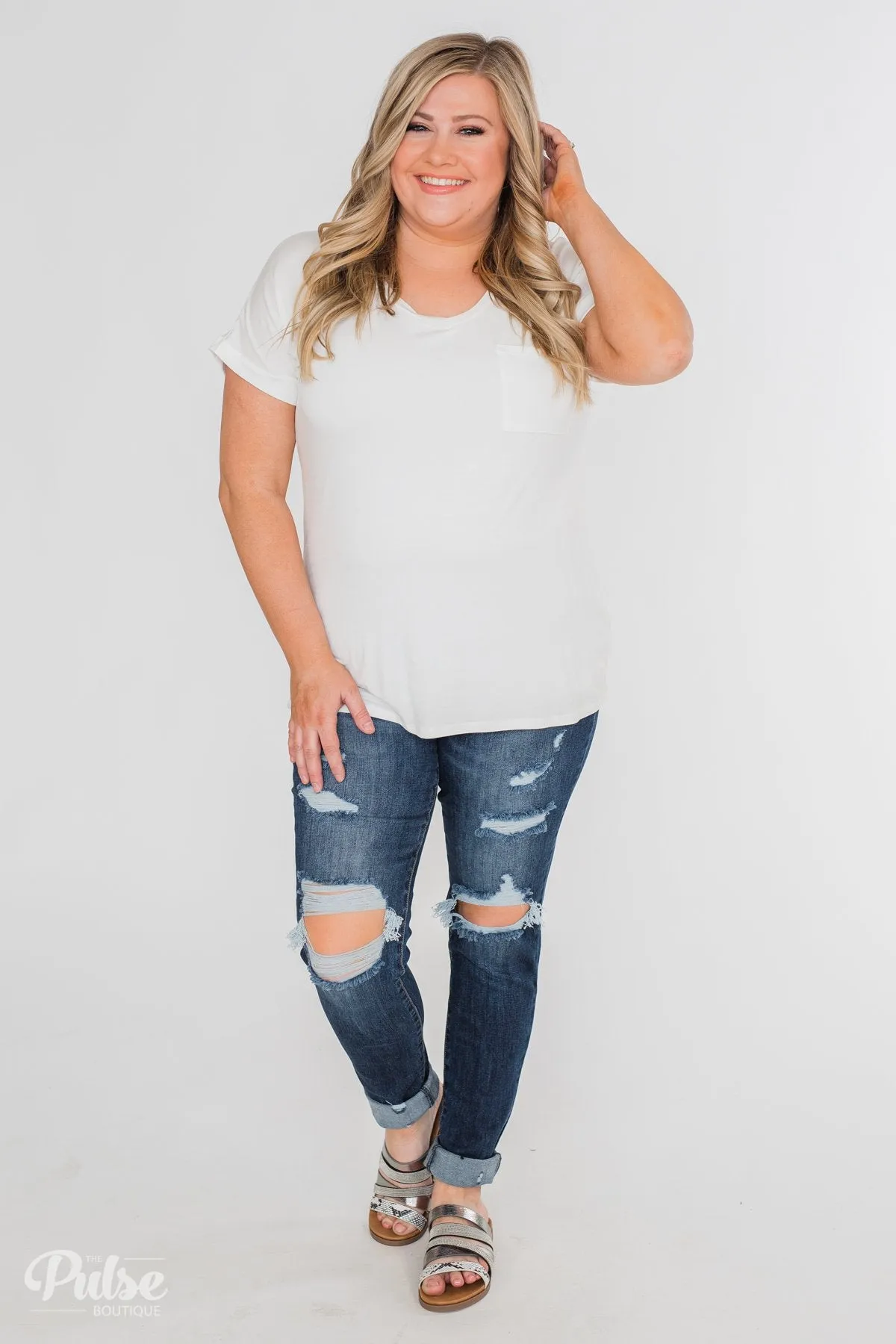 Solid V-Neck Pocket Top- Ivory