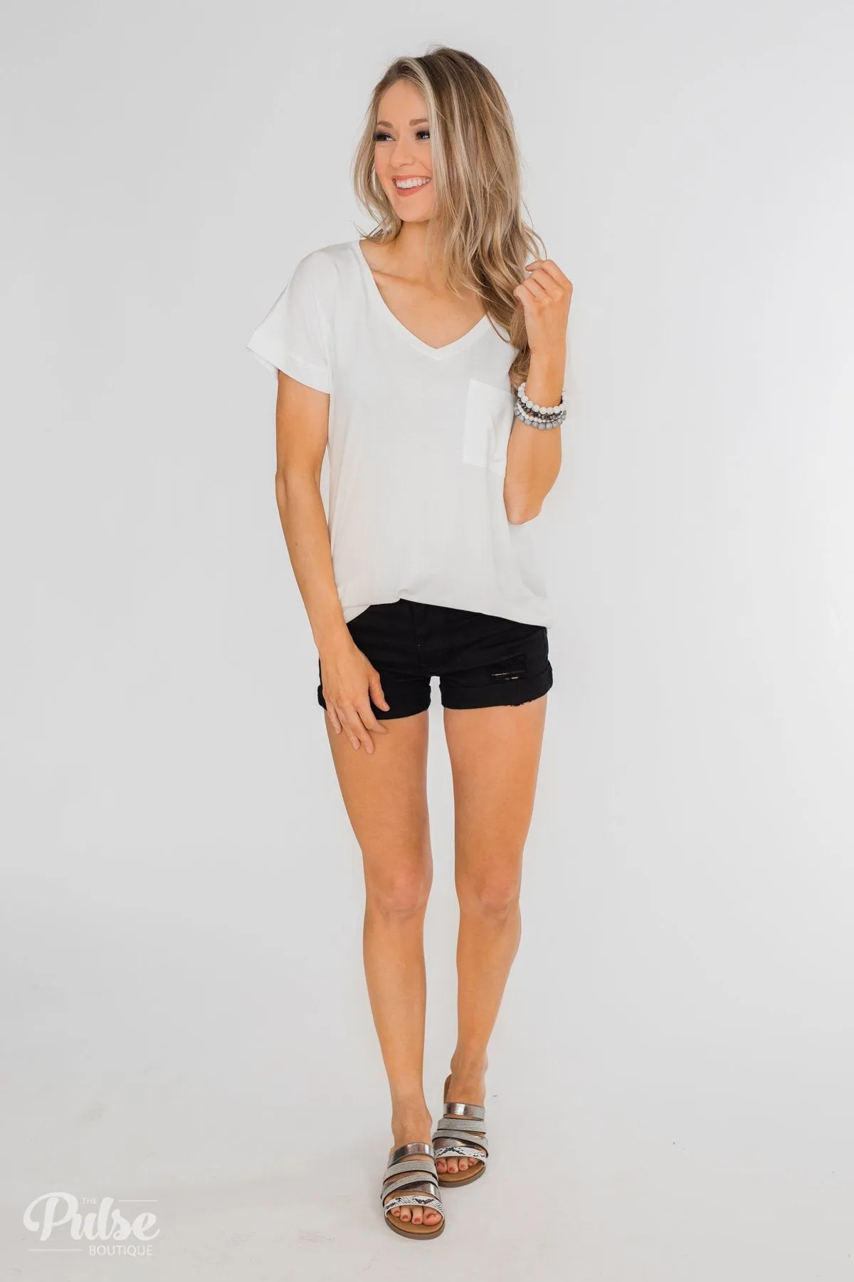 Solid V-Neck Pocket Top- Ivory