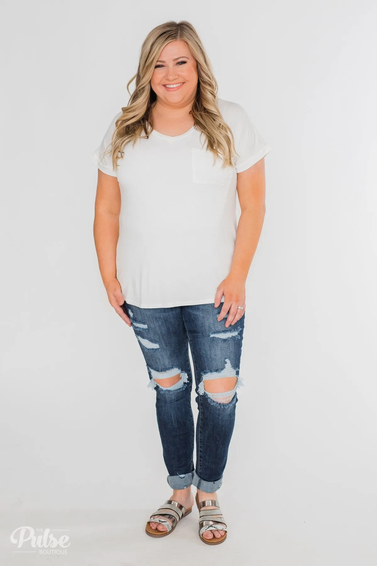 Solid V-Neck Pocket Top- Ivory