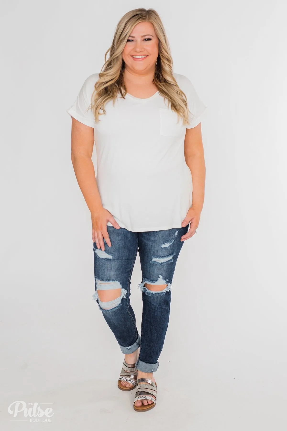 Solid V-Neck Pocket Top- Ivory