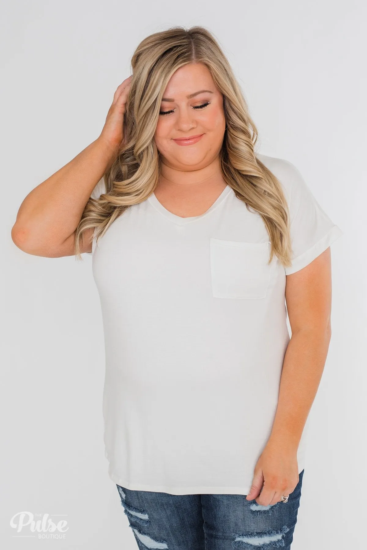 Solid V-Neck Pocket Top- Ivory