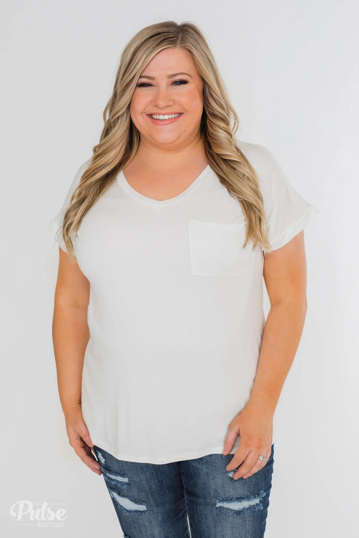 Solid V-Neck Pocket Top- Ivory