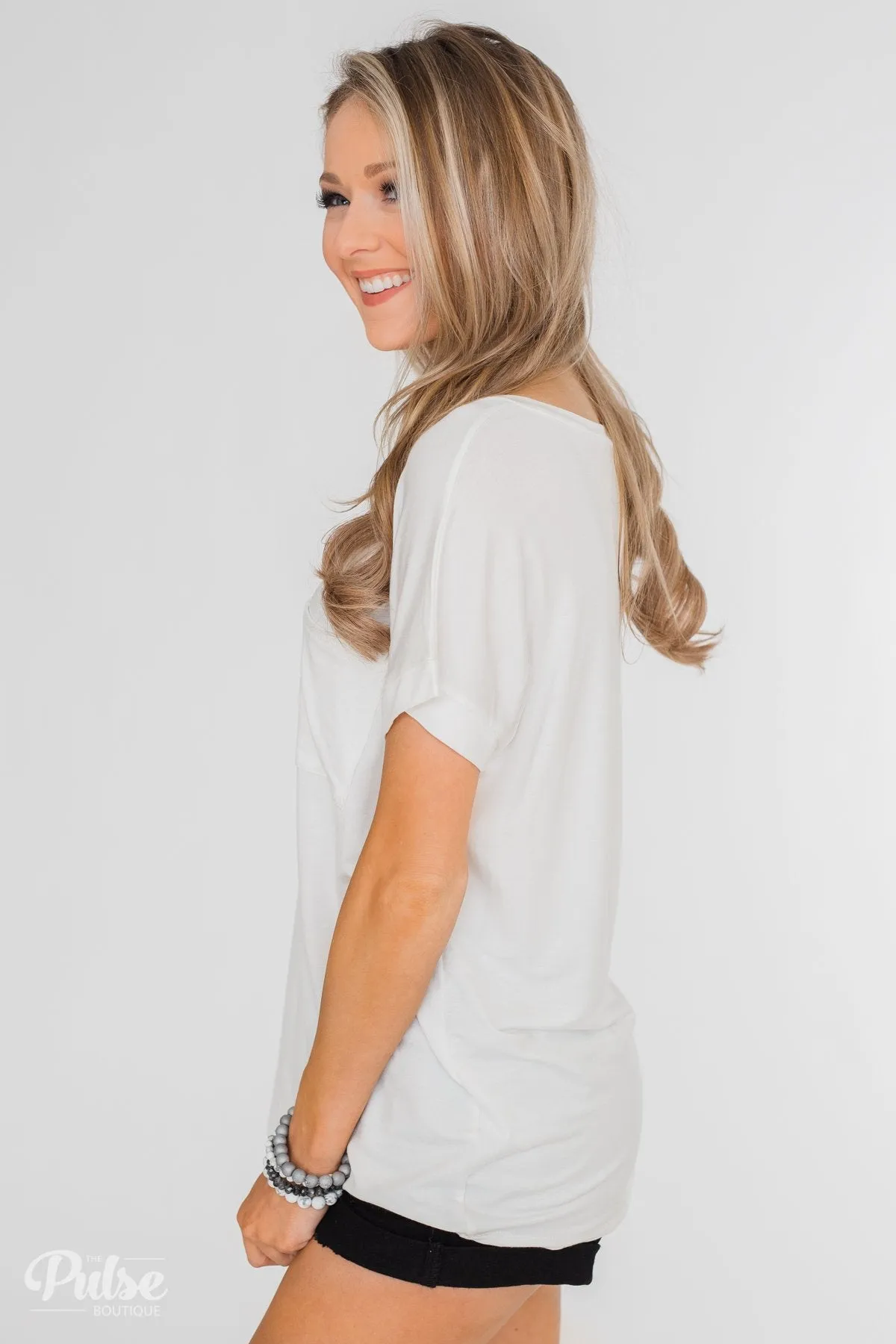 Solid V-Neck Pocket Top- Ivory