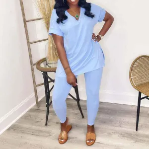 Solid V-Neck Short Sleeve Slit Top & Pants Set