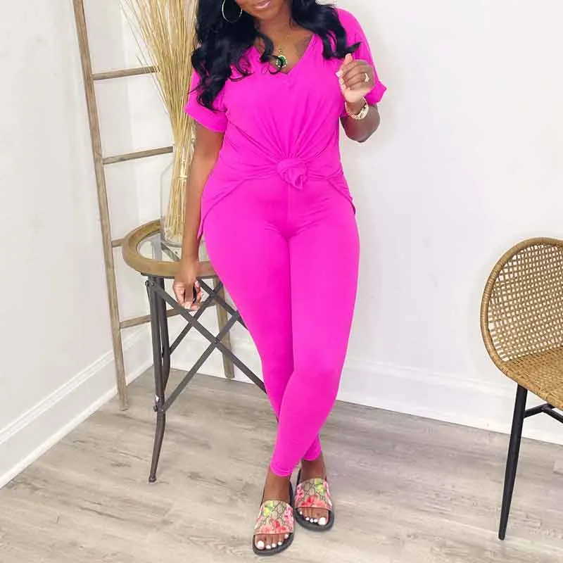 Solid V-Neck Short Sleeve Slit Top & Pants Set