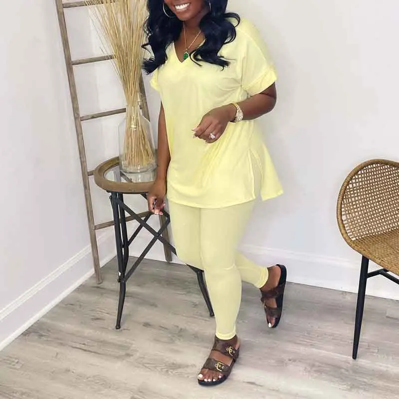 Solid V-Neck Short Sleeve Slit Top & Pants Set